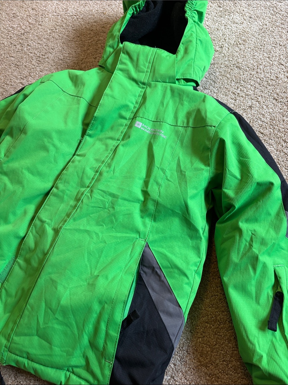 Kids Neon Green Hooded Winter Ski Jacket, size 5-6